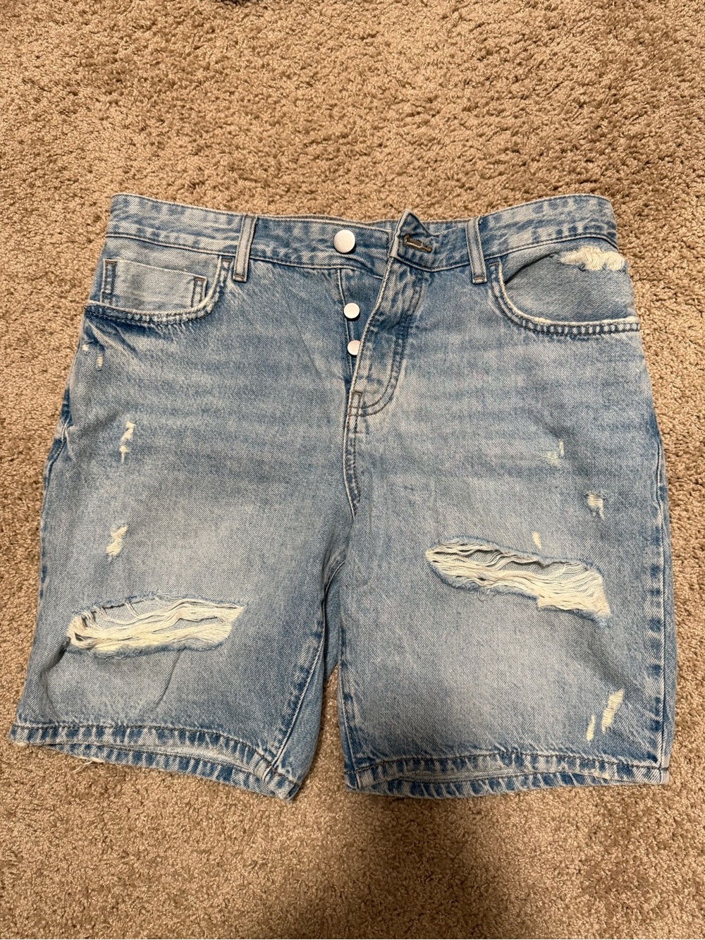 High-Rise Distressed Denim Shorts - Light Blue